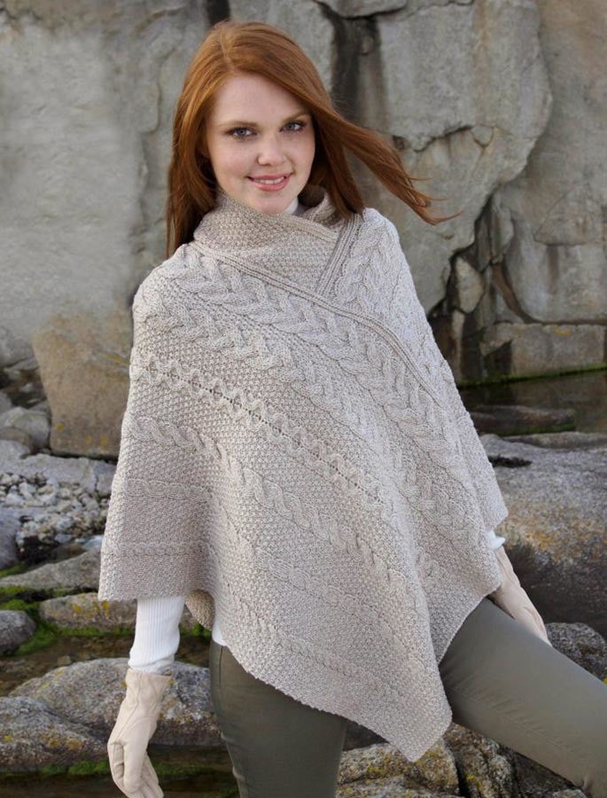 Aran Cable Poncho - White 