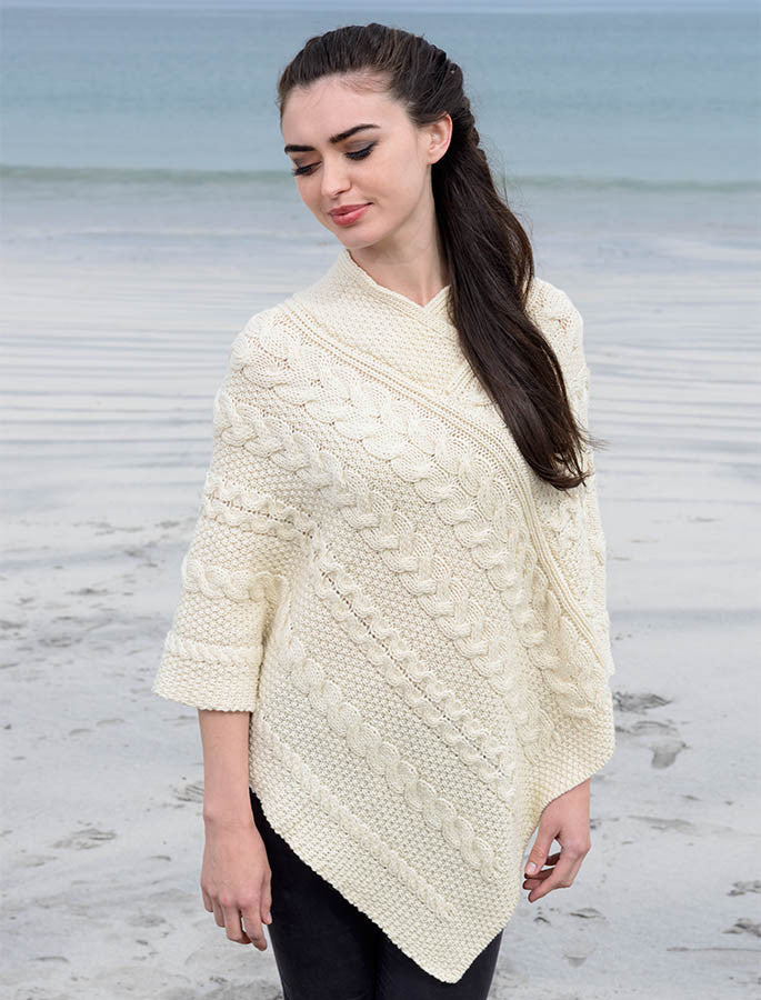 Aran Cable Poncho - Garnet 