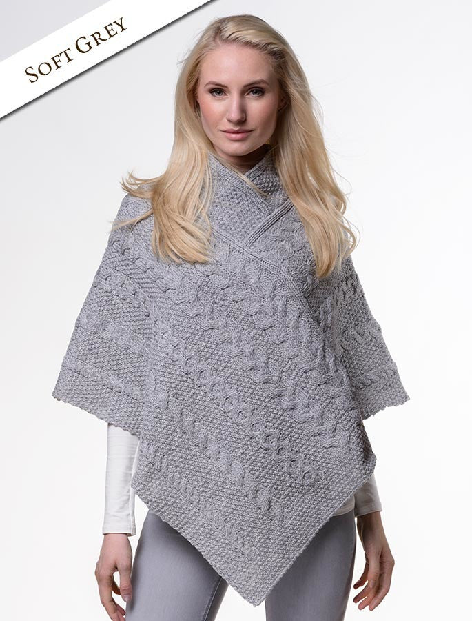 Aran Cable Poncho - Soft Grey 