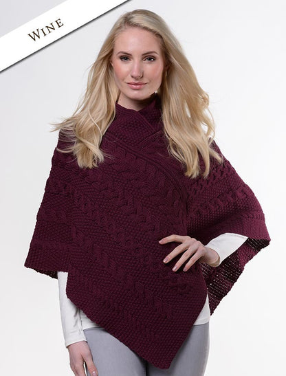 Aran Cable Poncho - Wine 