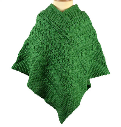 Kids Cable Knit Aran Poncho- Green Marl 