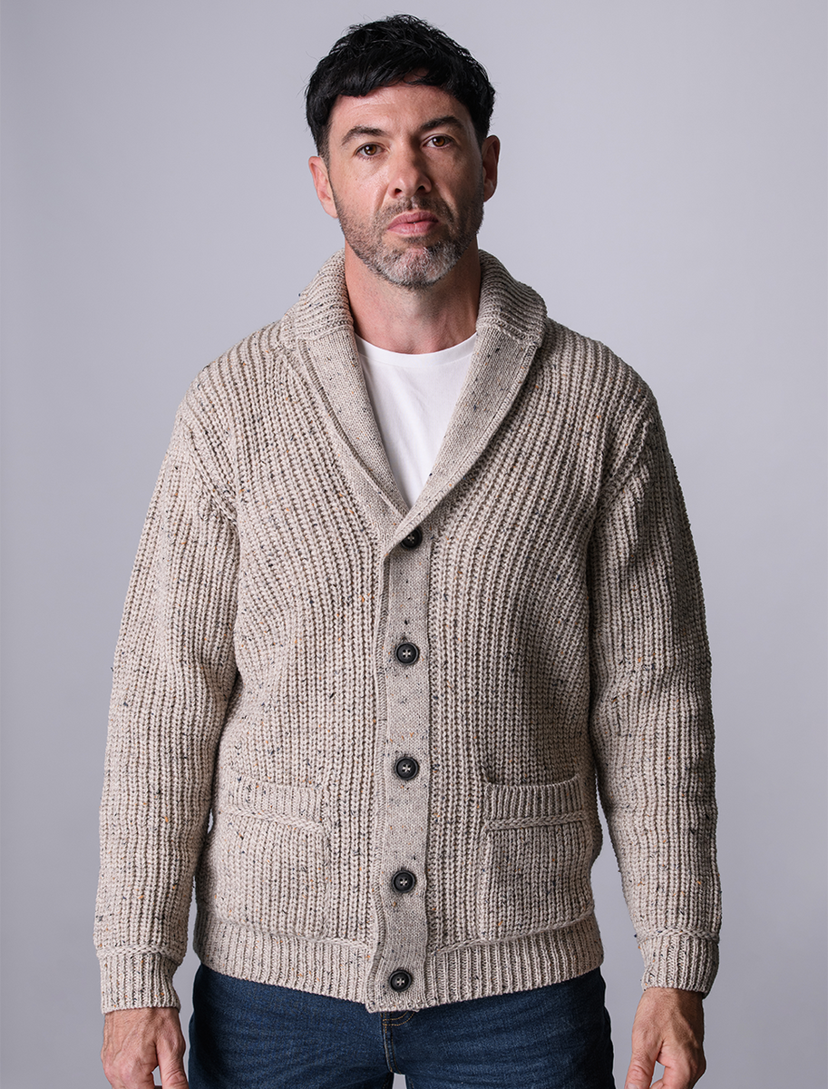 Merino Wool Ribbed Shawl Neck Cardigan - Oatmeal 