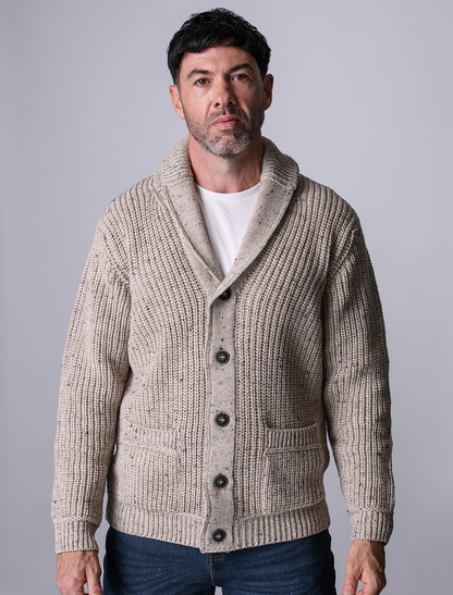 Merino Wool Ribbed Shawl Neck Cardigan - Oatmeal 