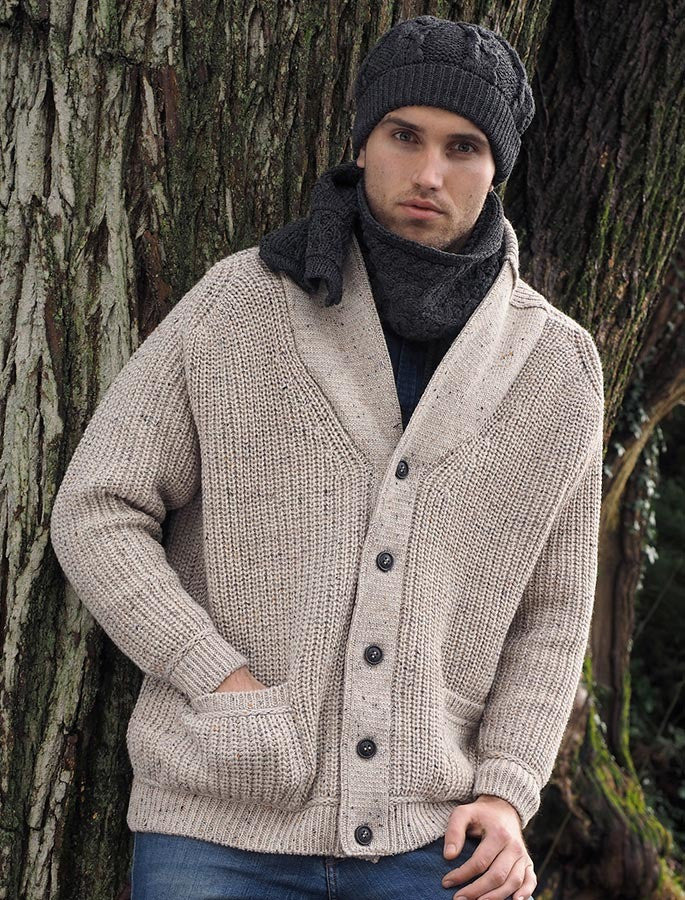 Merino Wool Ribbed Shawl Neck - Oatmeal 