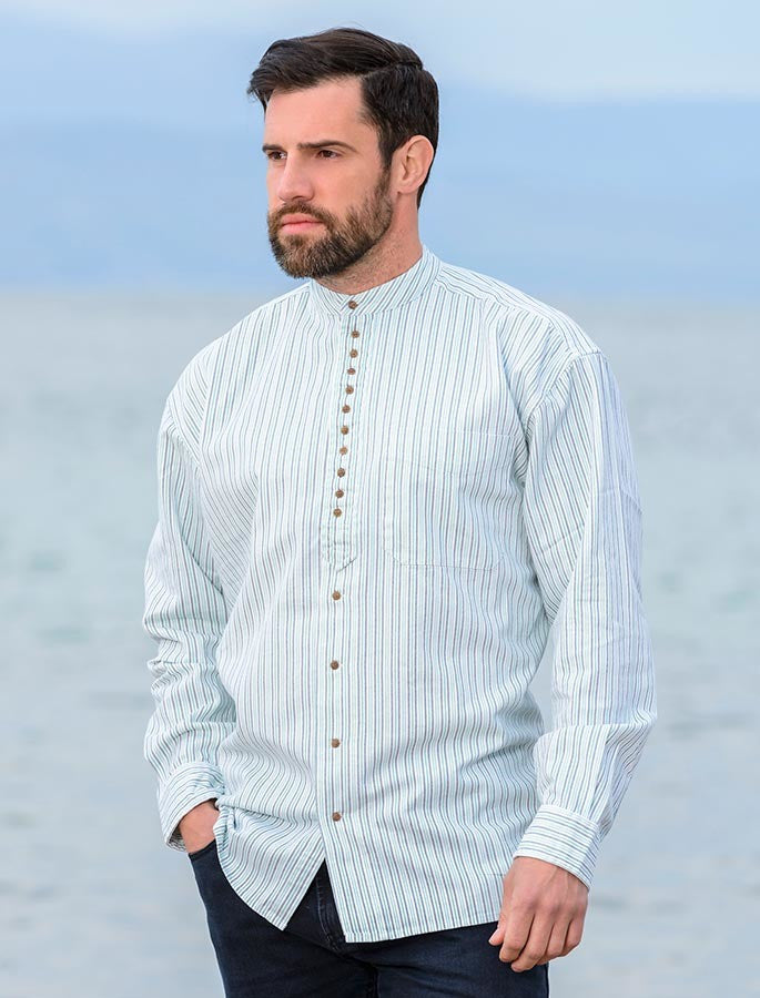 Grandfather Shirt - Blue &amp; Green Pin Stripe