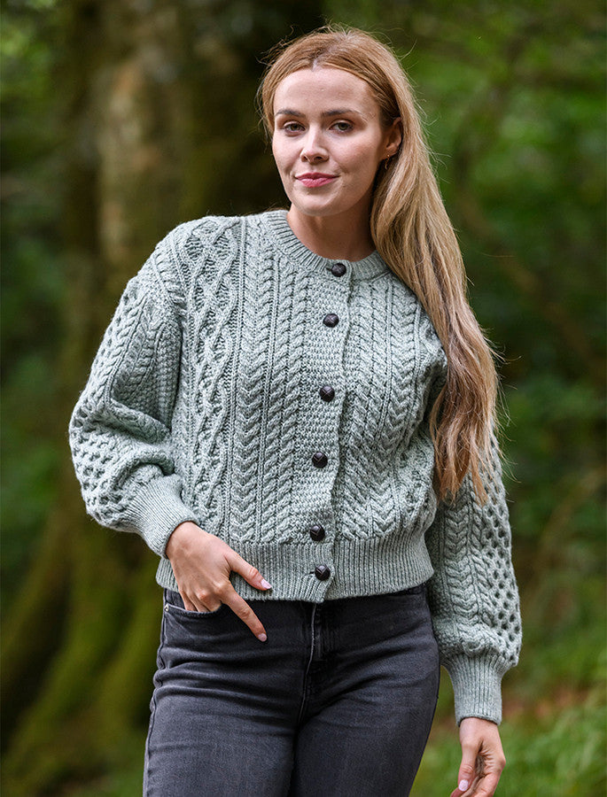 Cropped Wool Aran Cardigan - Sage Marl 