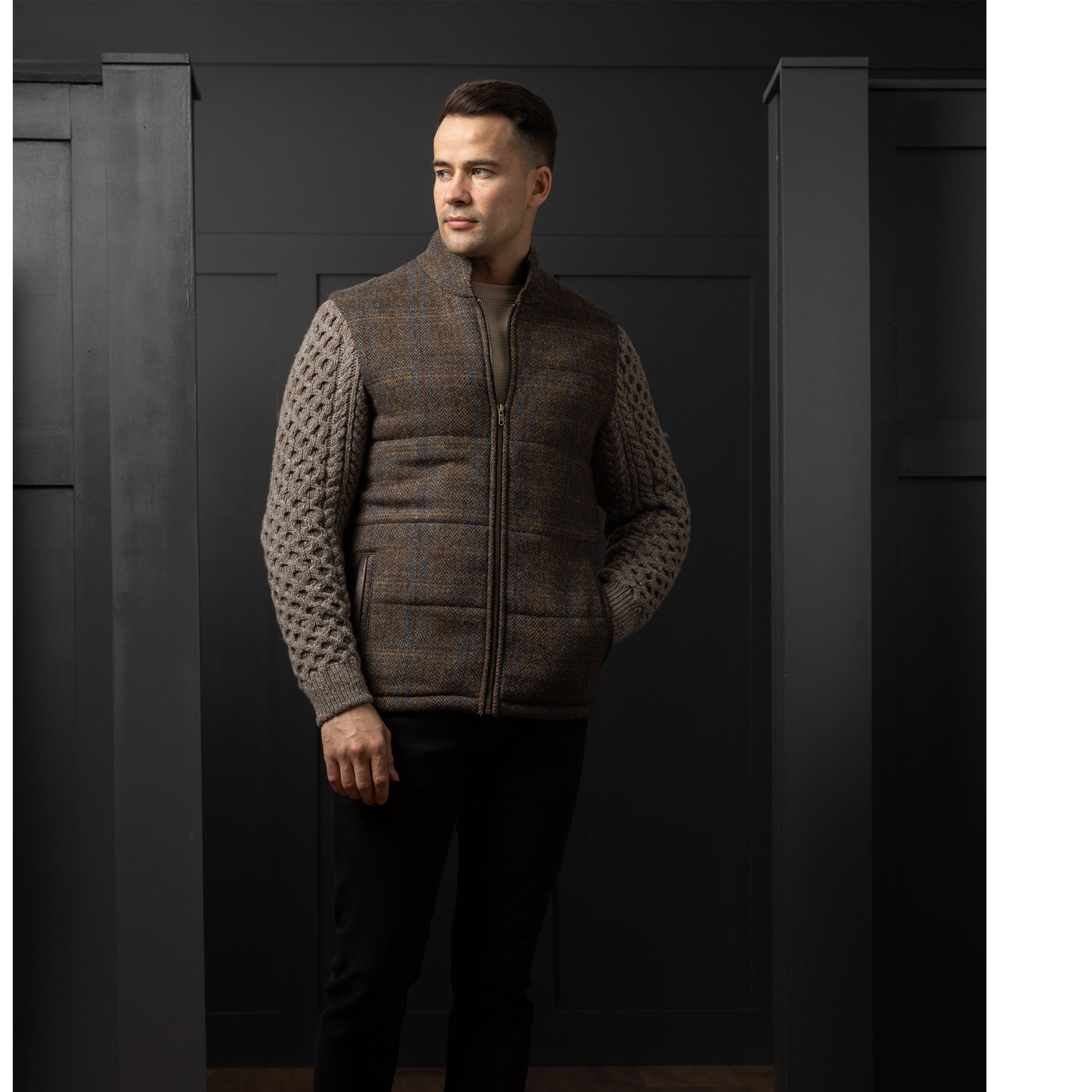 Shackleton Horse Brown Tweed Jacket With Cable Knit Sleeve