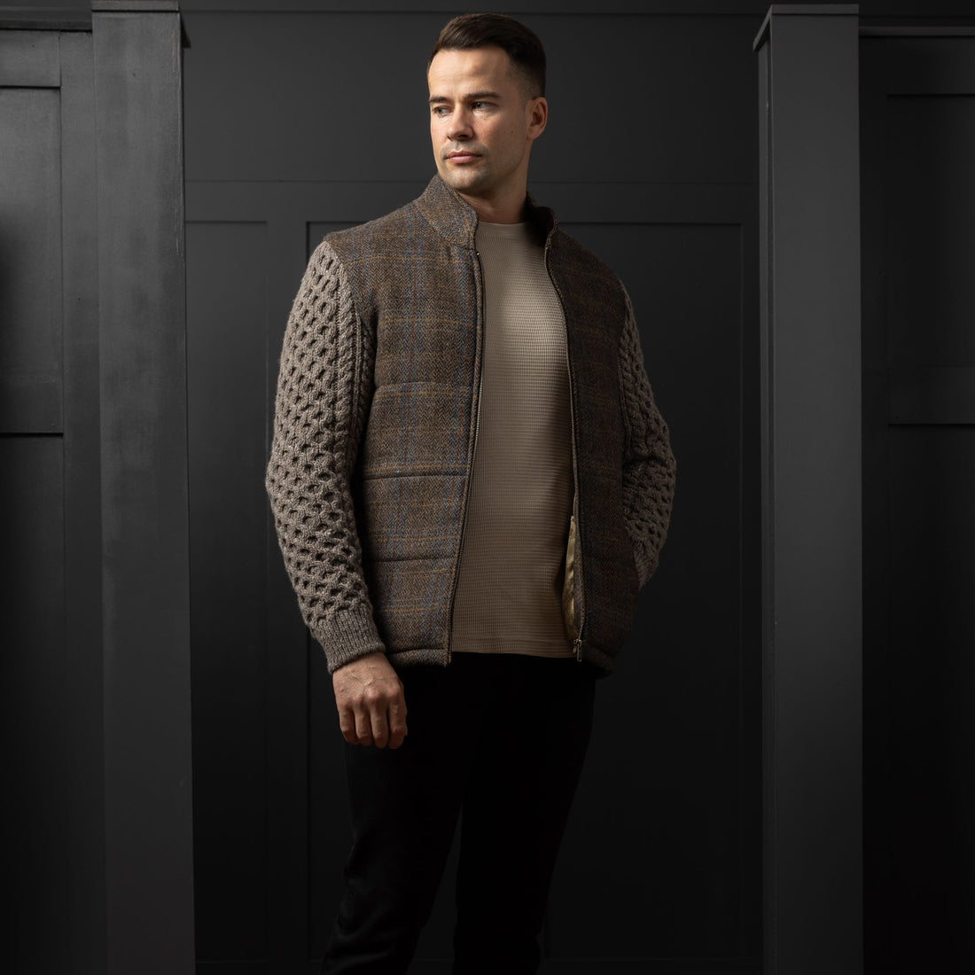 Shackleton Horse Brown Tweed Jacket With Cable Knit Sleeve