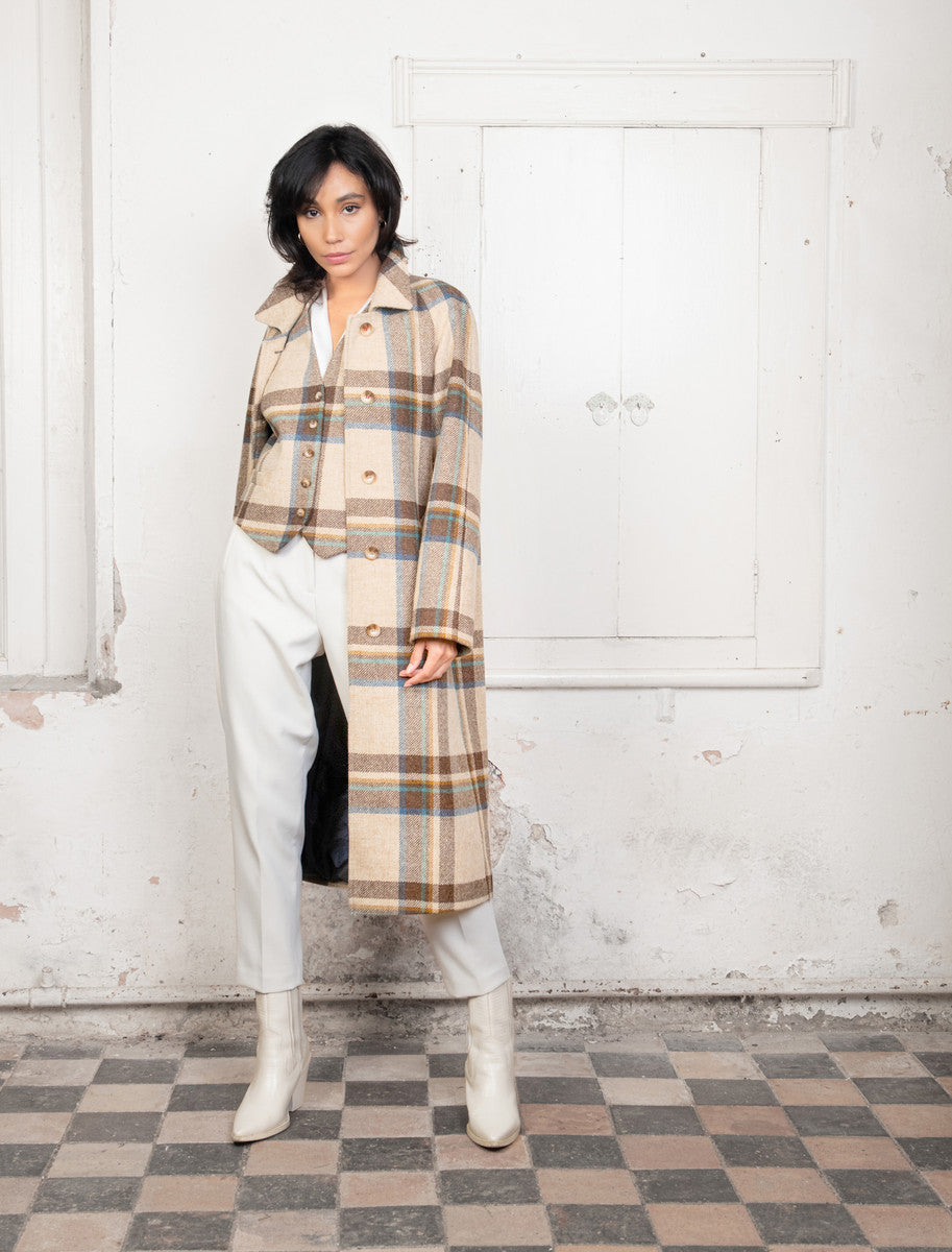 Shauna Long Tweed Coat - Cream Block Check
