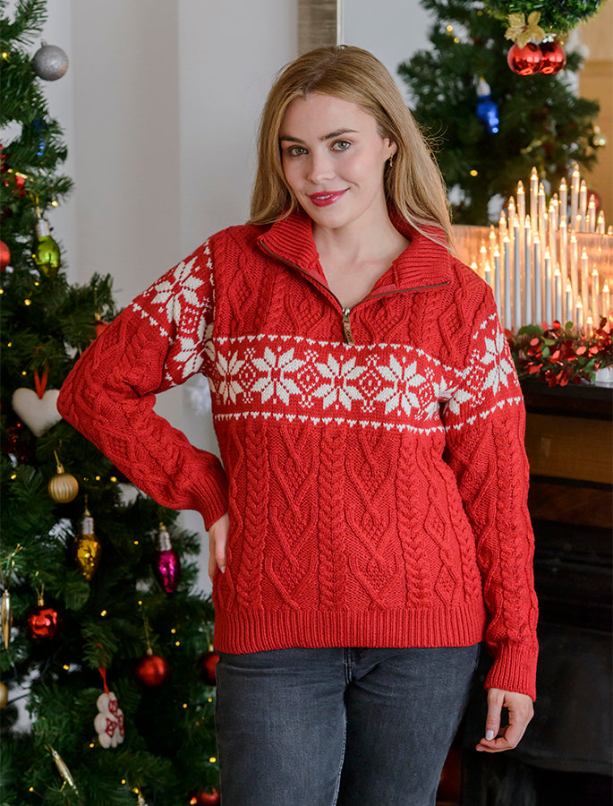 Snowflake Zip-Neck Aran Sweater, Zip Neck Aran Sweater – Weavers