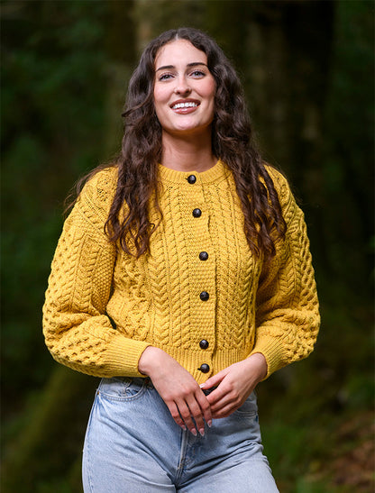 Cropped Wool Aran Cardigan - Sunflower 