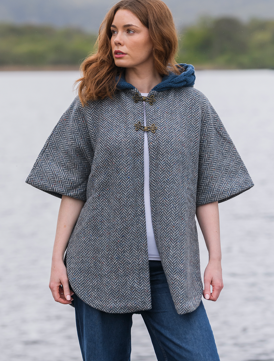 Donegal Tweed Cape with Aran Collar - Mallard 