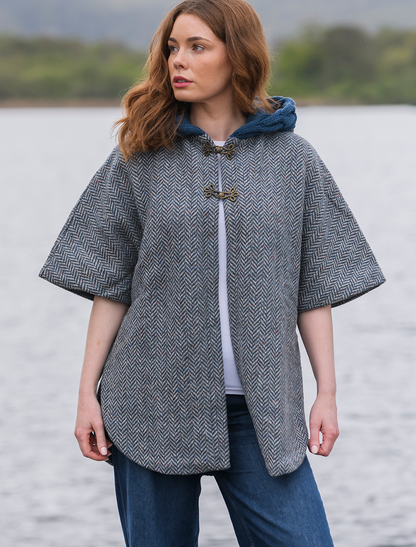 Donegal Tweed Cape with Aran Collar - Mallard 