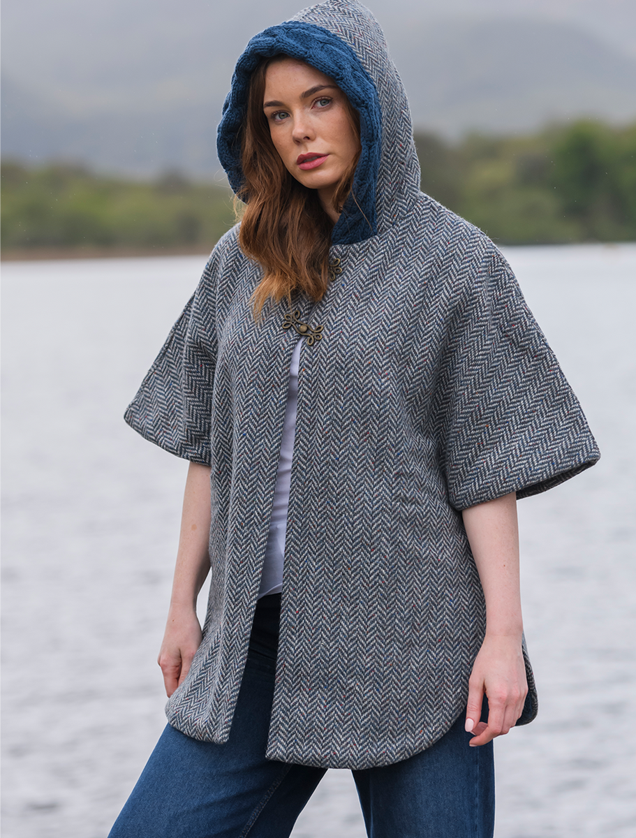 Donegal Tweed Cape with Aran Collar - Mallard 