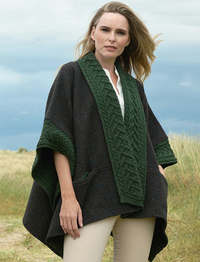 Ladies Donegal Tweed &amp; Merino Wool Cape - Army Green 