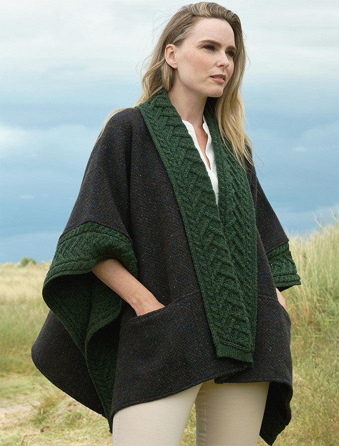 Ladies Donegal Tweed &amp; Merino Wool Cape - Army Green 