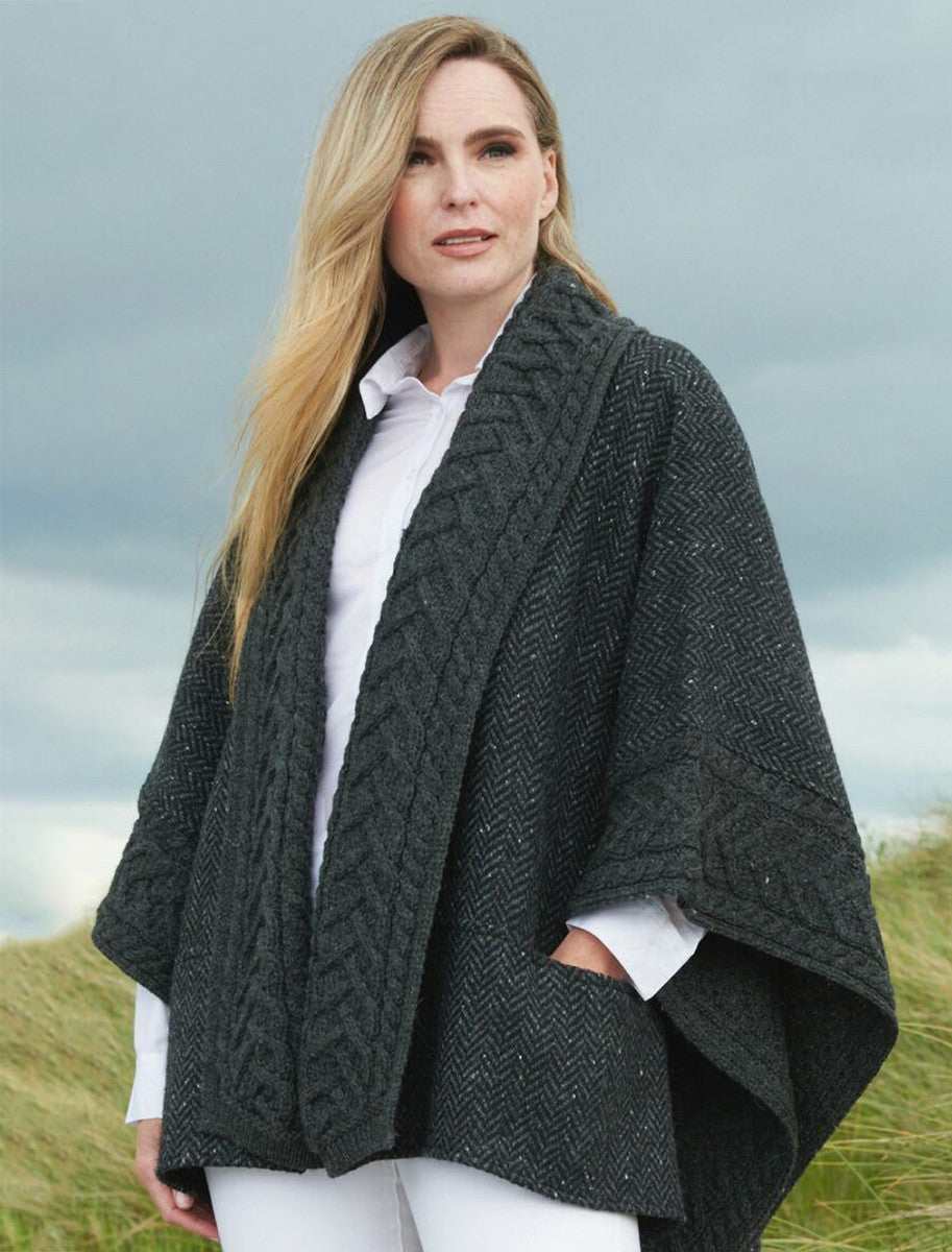 Ladies Donegal Tweed &amp; Merino Wool Cape - Charcoal 