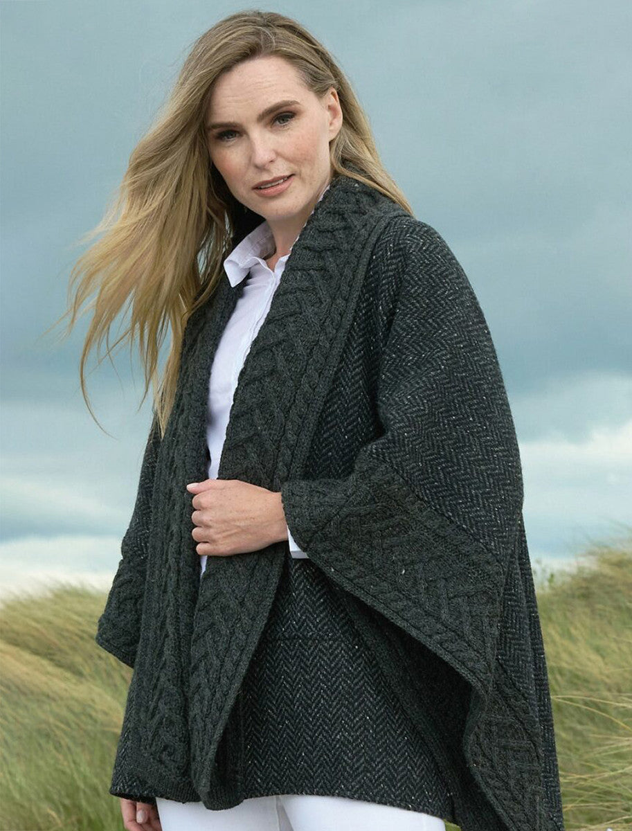 Ladies Donegal Tweed &amp; Merino Wool Cape - Charcoal 