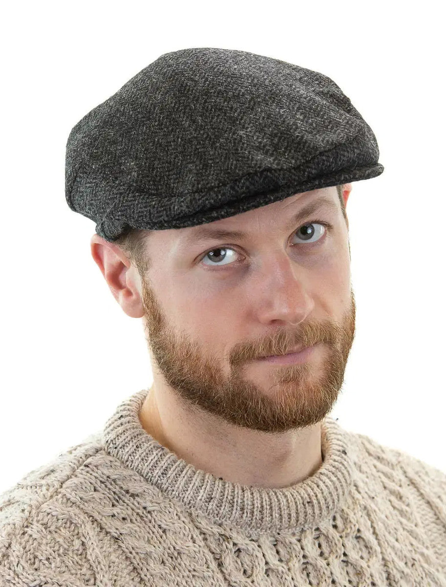 Irish Tweed Flat Cap - Charcoal/Black Herringbone