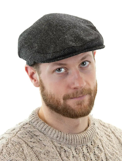 Irish Tweed Flat Cap - Charcoal/Black Herringbone