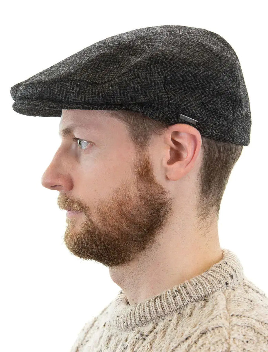 Irish Tweed Flat Cap - Charcoal/Black Herringbone