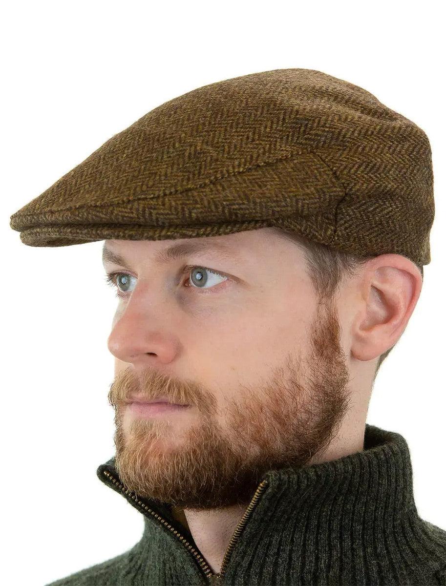 Irish Tweed Flat Cap - Beige &amp; Brown Herringbone