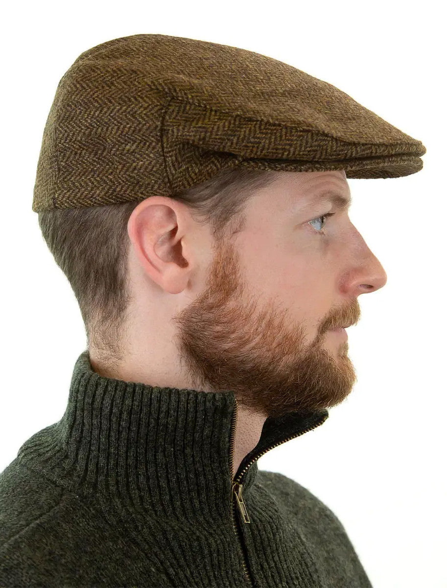 Irish Tweed Flat Cap - Beige &amp; Brown Herringbone 