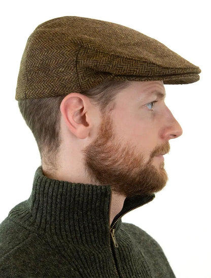 Irish Tweed Flat Cap - Beige &amp; Brown Herringbone 