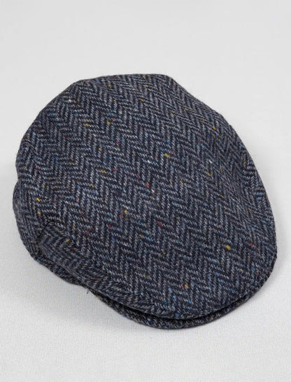 Irish Tweed Flat Cap - Navy Herringbone