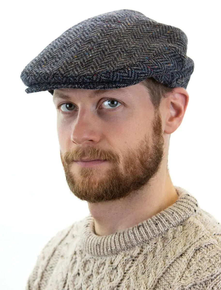 Irish Tweed Flat Cap - Navy Herringbone