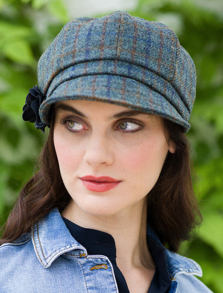 Ladies Tweed Newsboy Hat - Teal &amp; Brown Plaid 