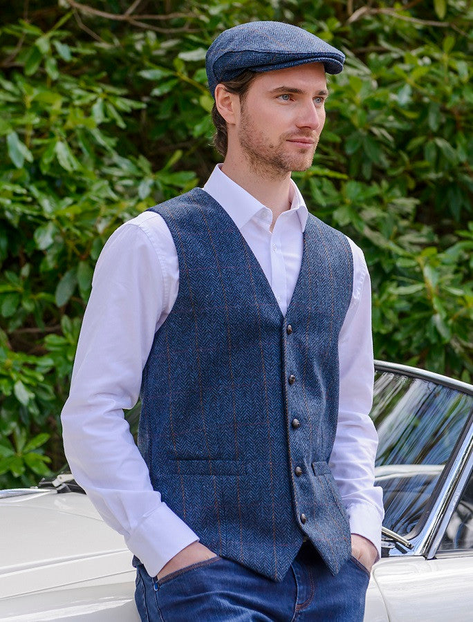 Classic Tweed Waistcoat - Denim &amp; Rust Check 