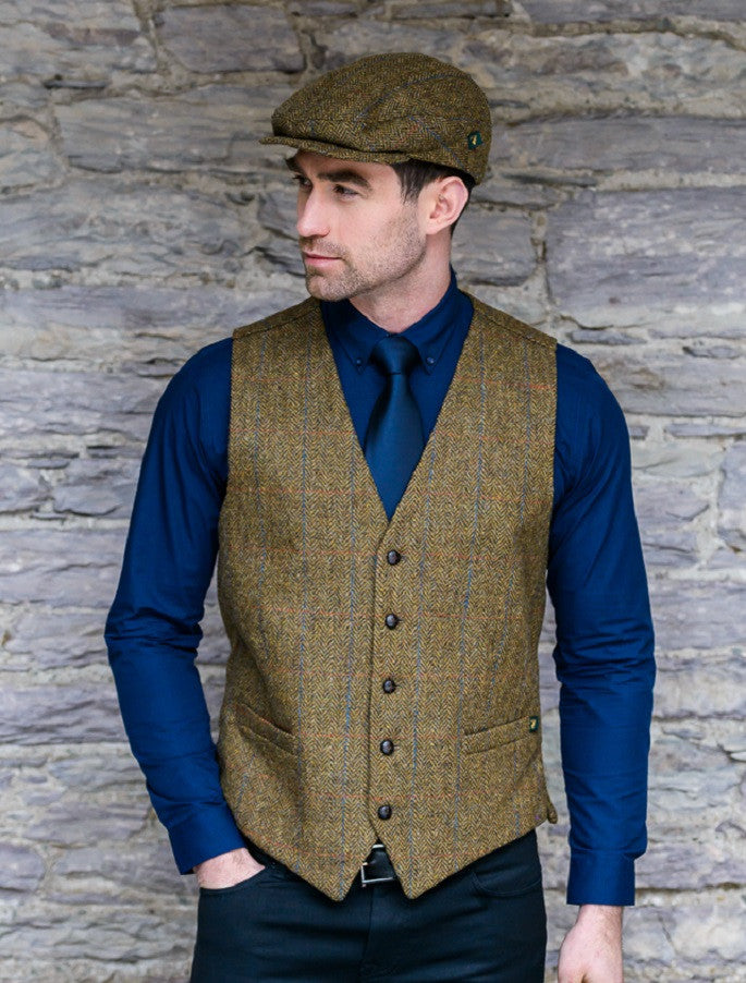 Irish Tweed Herringbone Waistcoat - Brown &amp; Blue/Red Check
