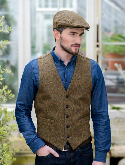 Irish Tweed Herringbone Waistcoat Brown Red Check Mucros