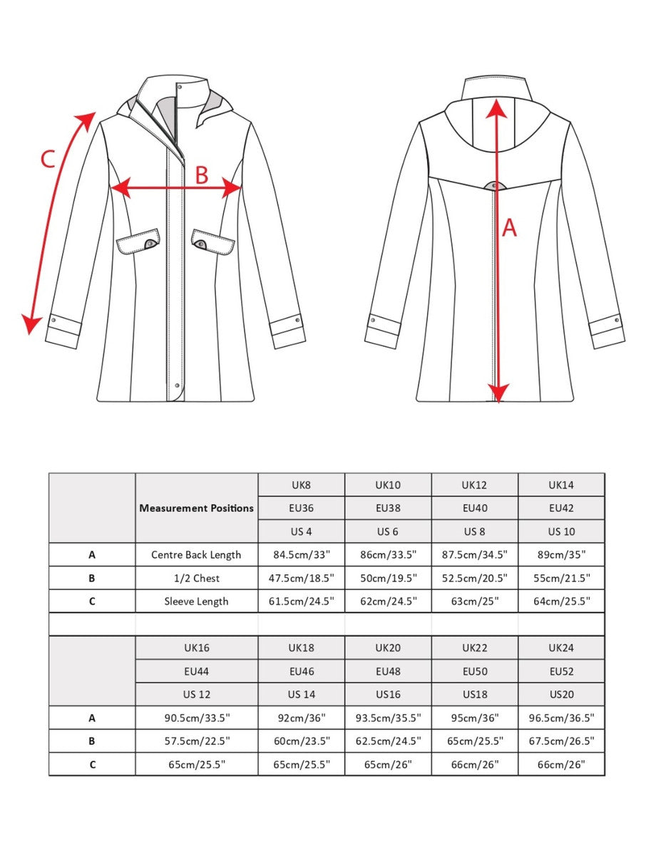 Una Ladies Waterproof Coat - Heritage Navy Size Guide 