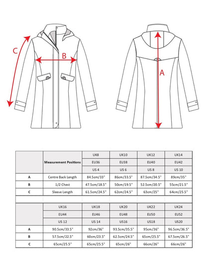Una Ladies Waterproof Coat - Heritage Navy Size Guide 