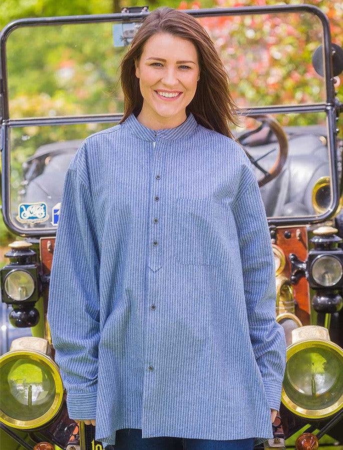 Ladies Vintage Cotton Grandfather Shirt - Blue &amp; White Pin Stripe