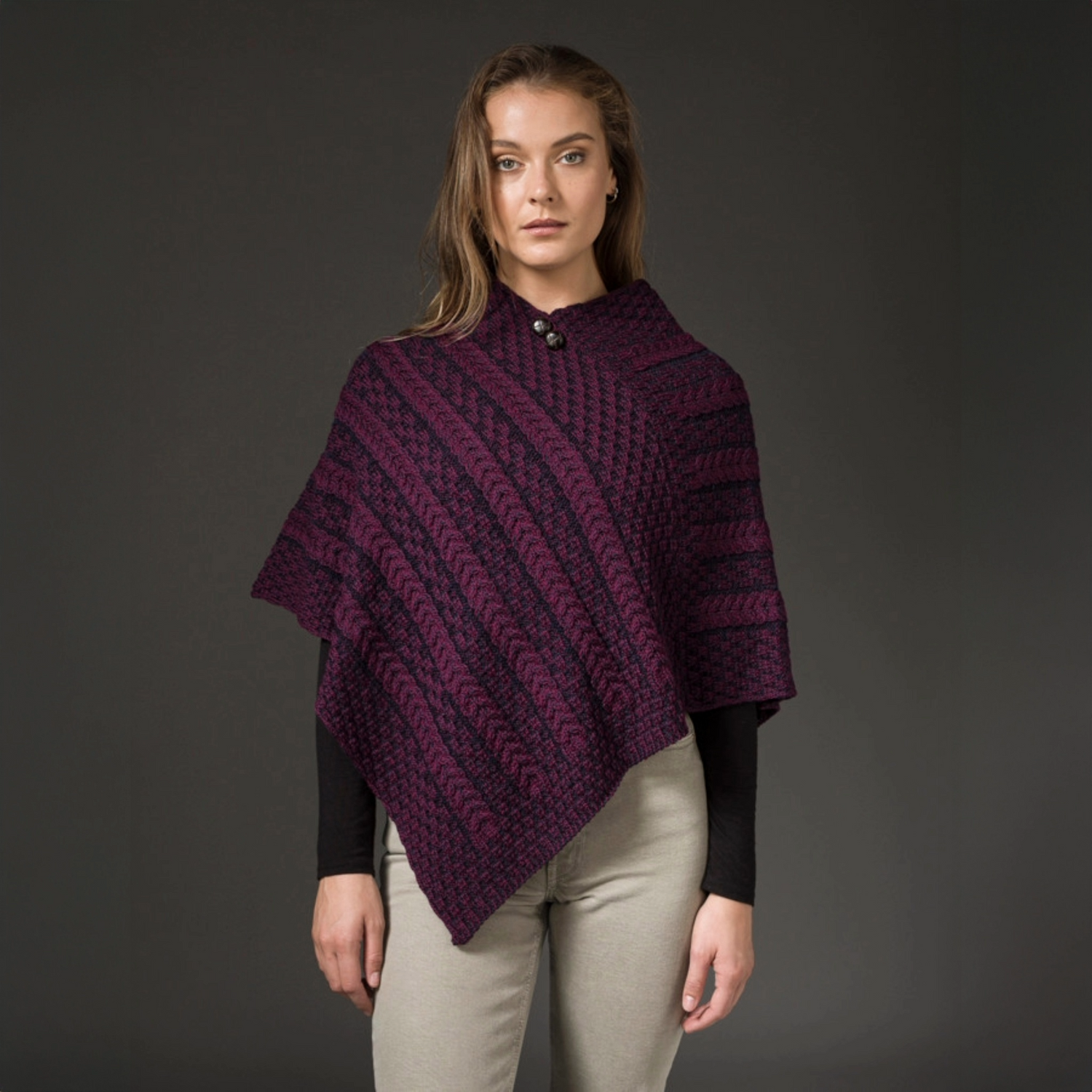 Plated Aran Poncho with Button Detail - Navy Berry 