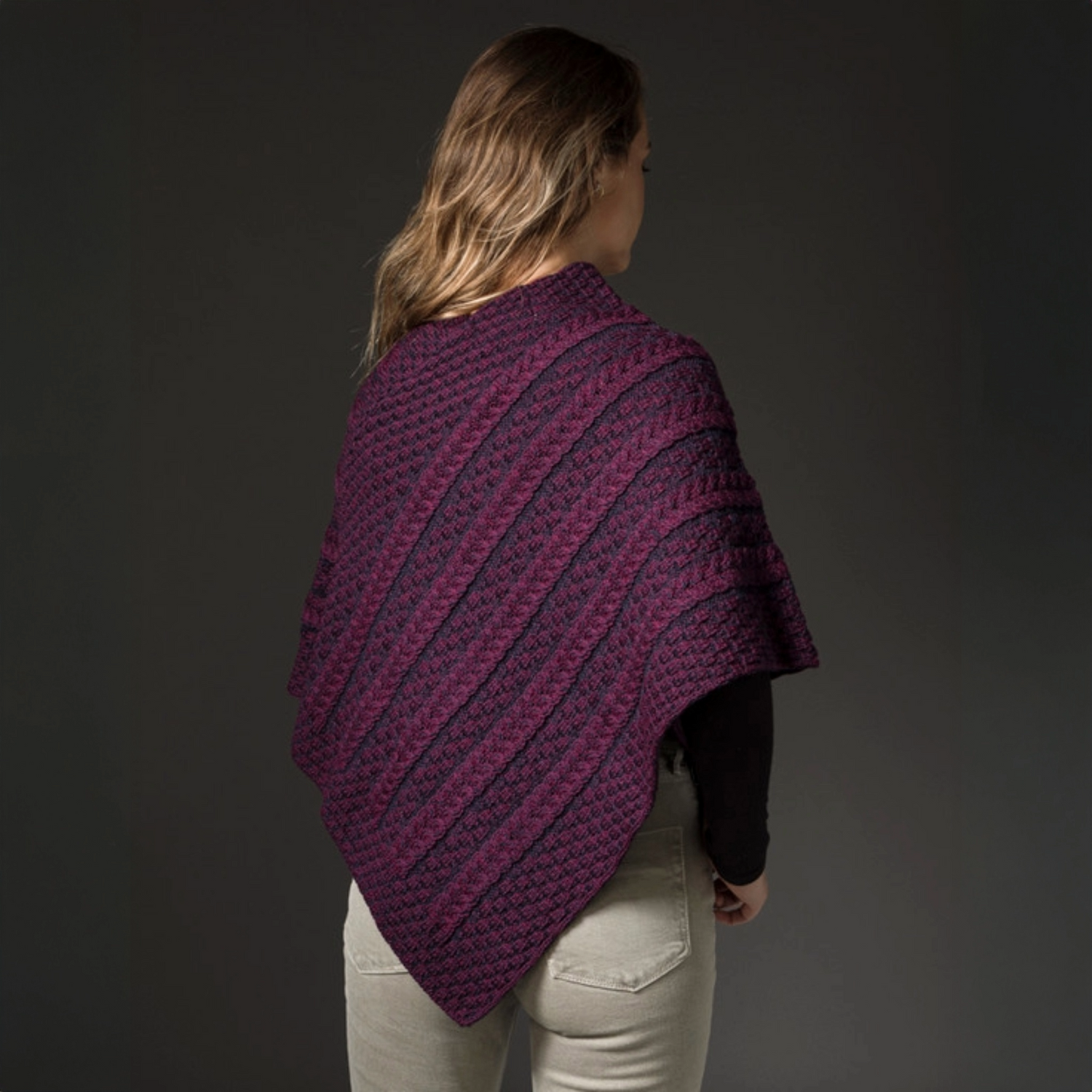 Plated Aran Poncho with Button Detail - Navy Berry 