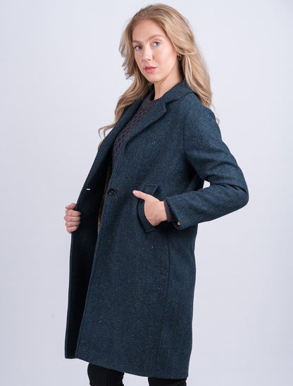 Ladies Irish Tweed City Coat - Blue Herringbone 