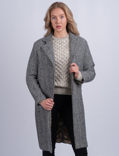 Ladies Irish Tweed City Coat - Black &amp; Grey Herringbone 
