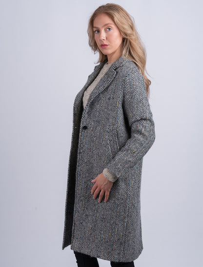 Ladies Irish Tweed City Coat - Black &amp; Grey Herringbone 