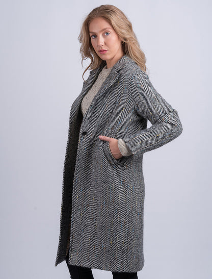 Ladies Irish Tweed City Coat - Black &amp; Grey Herringbone 