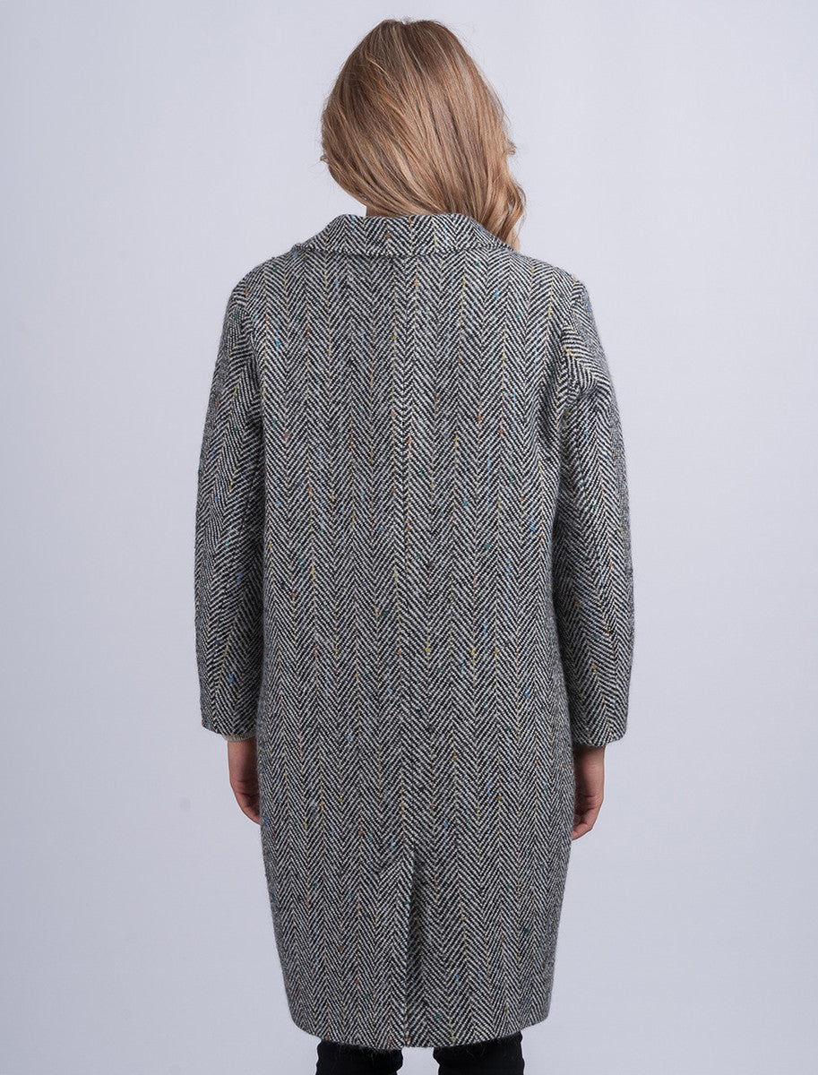 Ladies Irish Tweed City Coat - Black &amp; Grey Herringbone 