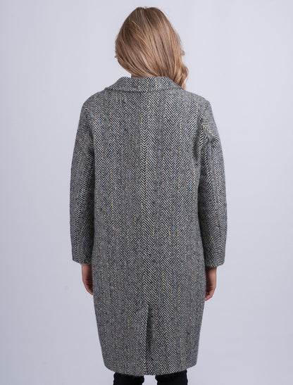 Ladies Irish Tweed City Coat - Black &amp; Grey Herringbone 
