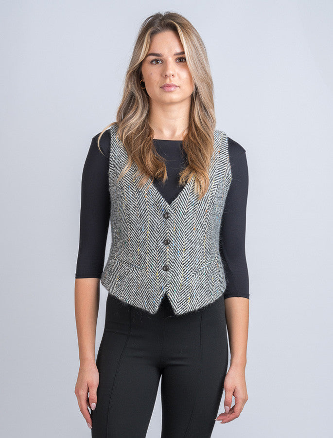 Ladies Irish Tweed Waistcoat - Black &amp; Grey Herringbone 