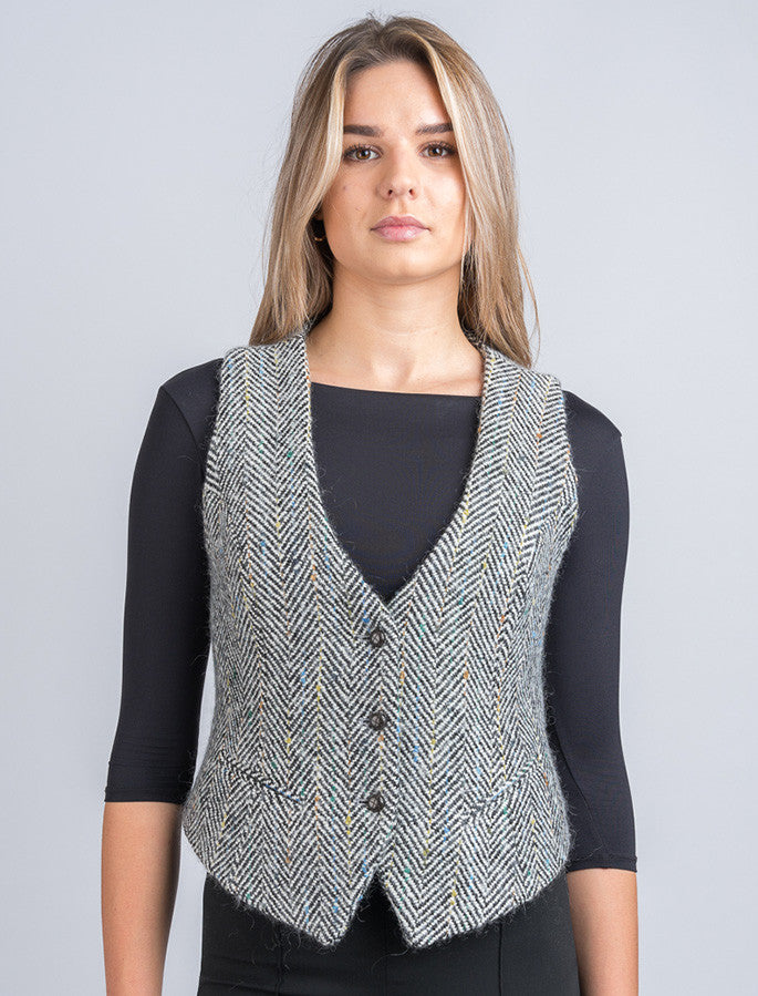 Ladies Irish Tweed Waistcoat - Black &amp; Grey Herringbone 