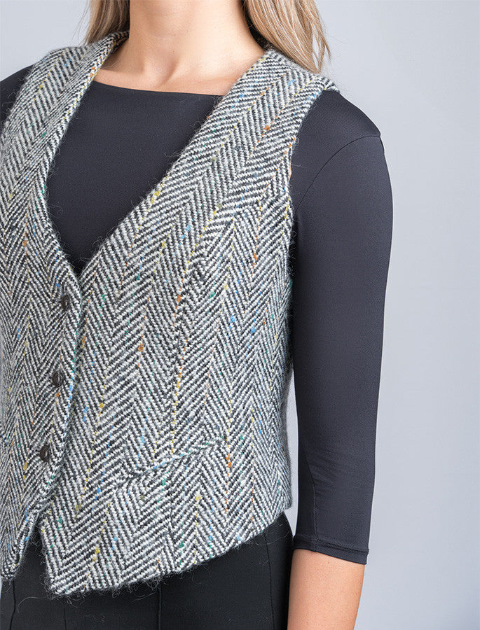 Ladies Irish Tweed Waistcoat - Black &amp; Grey Herringbone 