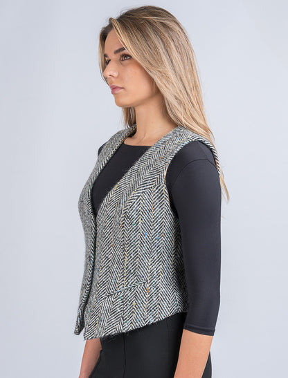Ladies Irish Tweed Waistcoat - Black &amp; Grey Herringbone 