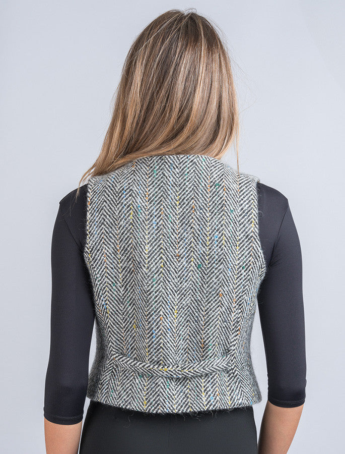 Ladies Irish Tweed Waistcoat - Black &amp; Grey Herringbone 